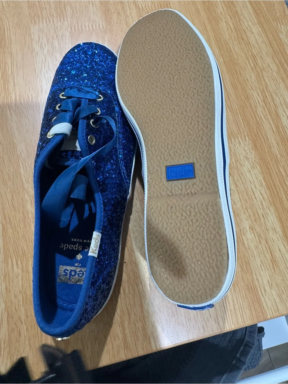 kate spade Womens Royal Blue Glitter Ribbon Lace Sneakers